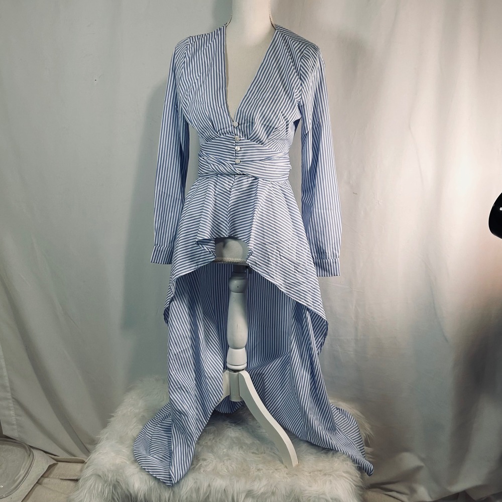 Day & Night Blue White Striped High Low Maxi Top Dress V-Neck Long Sleeve Small